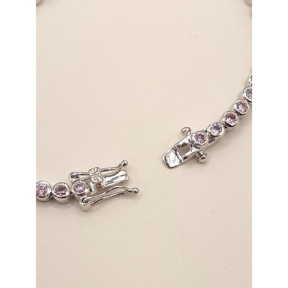 Silver Tone Tennis Bracelet With Pink CZ Stones & Secure Clasp - Picture 11 of 11